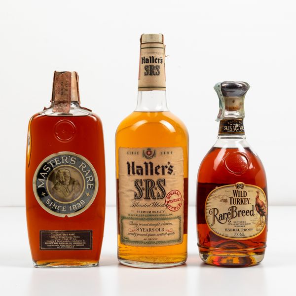 Master's Rare, Kentucky Straight Bourbon Whiskey<BR>Haller's SRS, Blended Whisky Special Reserve 8 years old<BR>Wild Turkey, Kentucky Straight Bourbon Whisky Rare Breed  - Asta Spirito del tempo  - Associazione Nazionale - Case d'Asta italiane