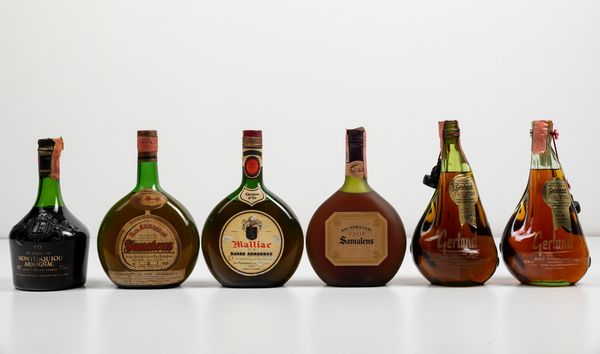 Samalens, Bas Armagnac Tre Stelle<BR>Malliac Casque d�Or, Grand Armagnac<BR>Monte Squiou, Armagnac XO<BR>Gerland, Bas Armagnac<BR>Samalens, Armagnac V.S.O.P.  - Asta Spirito del tempo  - Associazione Nazionale - Case d'Asta italiane