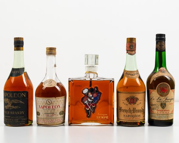 Blanchard, Napoleon French Brandy V.S.O.P.<BR>Andre Garcon, Kingston Napoleon Fine Brandy V.V.O.P.<BR>Semp�, Armagnac Extra<BR>French Brandy Napoleon<BR>De la Fargue, French Brandy V.V.S.O.P  - Asta Spirito del tempo  - Associazione Nazionale - Case d'Asta italiane