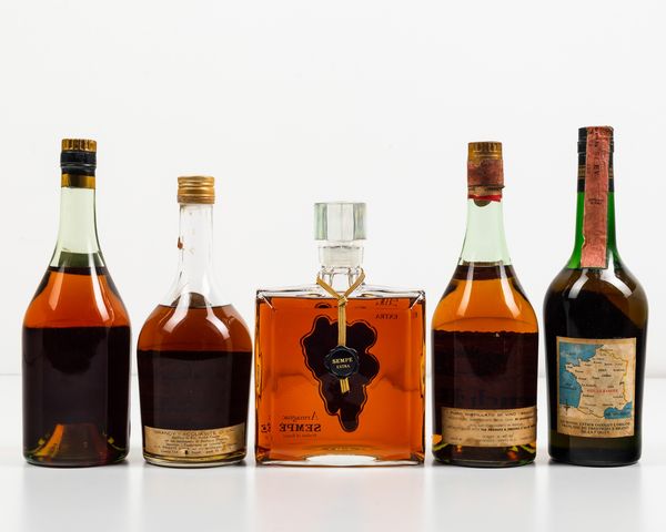 Blanchard, Napoleon French Brandy V.S.O.P.<BR>Andre Garcon, Kingston Napoleon Fine Brandy V.V.O.P.<BR>Semp�, Armagnac Extra<BR>French Brandy Napoleon<BR>De la Fargue, French Brandy V.V.S.O.P  - Asta Spirito del tempo  - Associazione Nazionale - Case d'Asta italiane