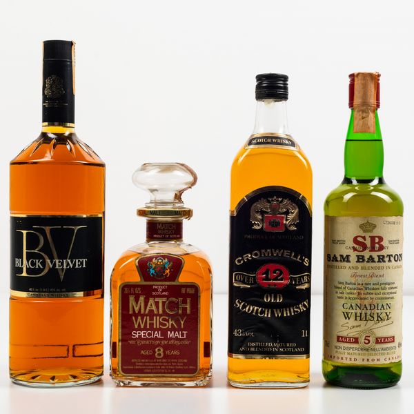 Black Velvet, Canadian Whisky<BR>Burn Brae, Match Whisky Special Malt 8 years old<BR>Cromwell�s, Old Scotch Whisky 12 years old<BR>Sam Barton, Canadian Whisky 5 years old  - Asta Spirito del tempo  - Associazione Nazionale - Case d'Asta italiane