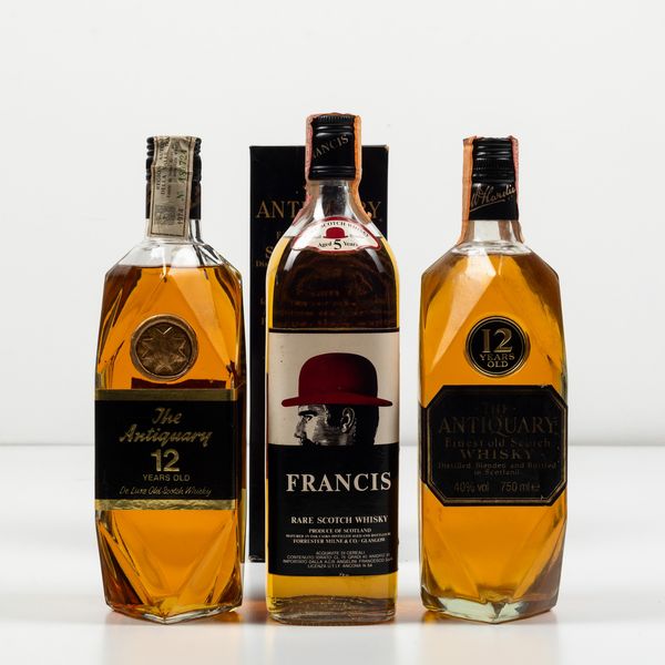 The Antiquary, De Luxe Old Scotch Whisky 12 years old<BR>The Antiquary, Finest Old Scotch Whisky 12 years old<BR>Francis, Rare Scotch Whisky 5 years old  - Asta Spirito del tempo  - Associazione Nazionale - Case d'Asta italiane
