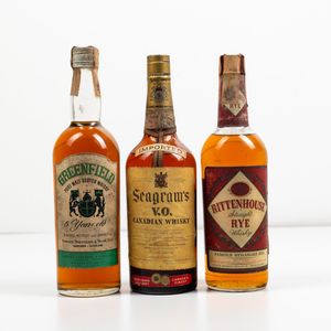 Rittenhouse, Straight Rye Whisky<BR>Seagram's, Canadian Whisky V.O. 100 years 1857-1957 <BR>Greenfield, Pure Malt Scotch Whisky 5 years old  - Asta Spirito del tempo  - Associazione Nazionale - Case d'Asta italiane