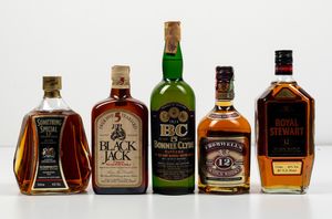 Black Jack, Finest Scotch Whisky 5 years old<BR>Something Special, Scotch Whisky 12 years old<BR>Bonnie Clyde, Blended Scotch Whisky 5 years old<BR>Cromwells, Scotch Whisky 12 years old<BR>Royal Stewart, Scotch Whisky 12 years old  - Asta Spirito del tempo  - Associazione Nazionale - Case d'Asta italiane