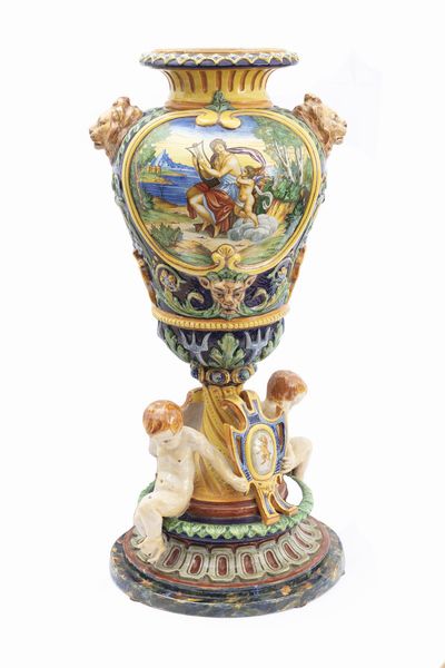 Vaso a due corpi in maiolica istoriata con scene mitologiche, fine secolo XIX  - Asta Incanti d'Arte - Associazione Nazionale - Case d'Asta italiane