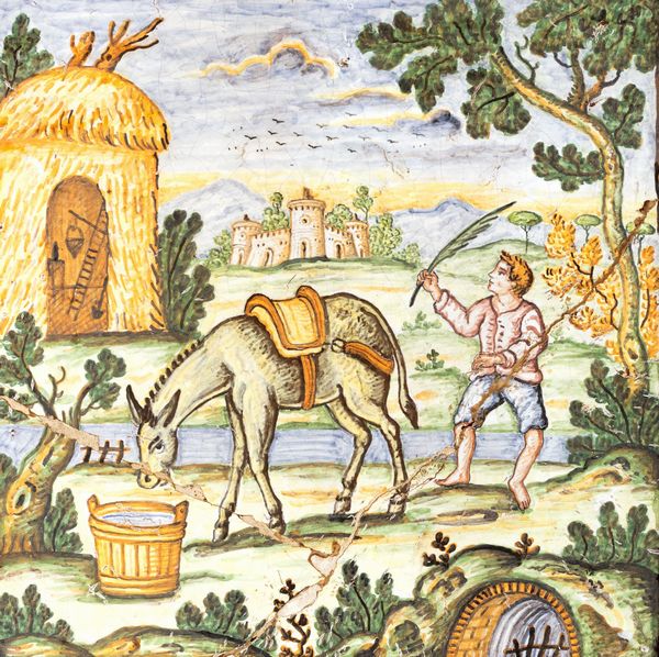 Due formelle in maiolica policroma raffiguranti scene contadine  - Asta Incanti d'Arte - Associazione Nazionale - Case d'Asta italiane