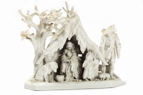 Gruppo scultoreo in porcellana bianca raffigurante famiglia di contadini in inverno, fine secolo XIX - inizi secolo XX  - Asta Incanti d'Arte - Associazione Nazionale - Case d'Asta italiane