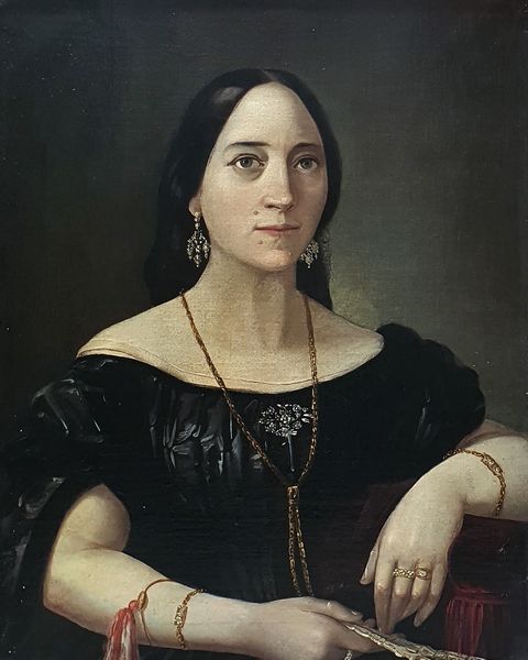 Scuola italiana, secolo XIX : Ritratto di gentildonna a mezzo busto, in abito scuro con ventaglio  - Asta Incanti d'Arte - Associazione Nazionale - Case d'Asta italiane