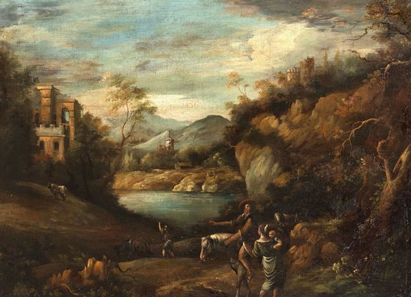 Scuola italiana, secolo XVIII : Paesaggio con viandanti  - Asta Incanti d'Arte - Associazione Nazionale - Case d'Asta italiane