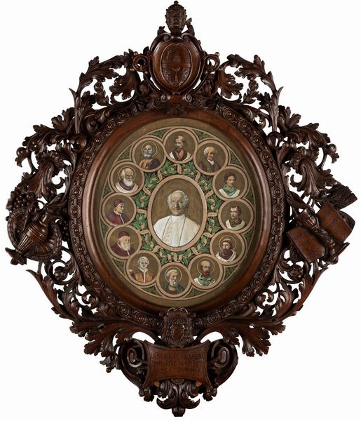 Scuola italiana, inizi secolo XX : INCISIONE ACQUERELLATA RAFFIGURANTE RITRATTO DI PAPA LEONE XIII PECCI, AL CENTRO CIRCONDATO DA RITRATTI DI ALTRI PAPI DI NOME LEONE  - Asta Incanti d'Arte - Associazione Nazionale - Case d'Asta italiane