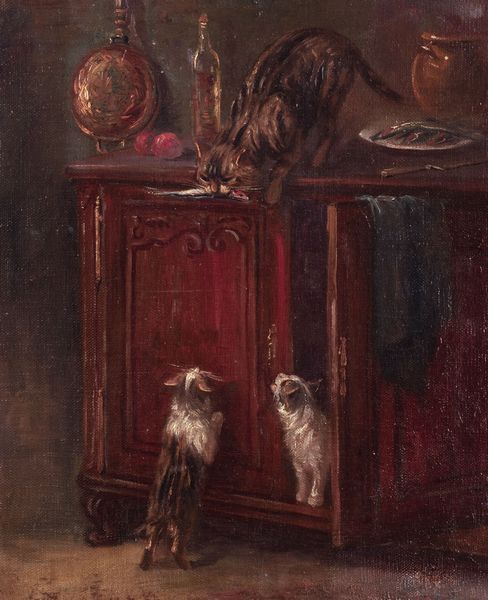 Scuola europea, fine del secolo XIX - inizi del secolo XX : Scena di interno con gatti che rubano un pesce  - Asta Incanti d'Arte - Associazione Nazionale - Case d'Asta italiane