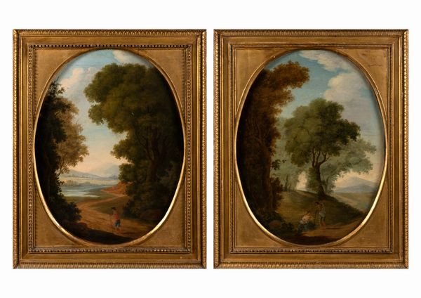 Scuola romana, fine secolo XVIII - inizi secolo XIX : Due paesaggi con viandanti  - Asta Incanti d'Arte - Associazione Nazionale - Case d'Asta italiane