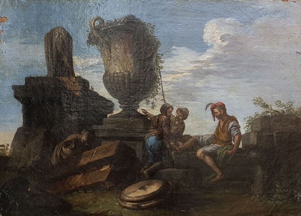 Scuola romana, secolo XVIII : Soldati presso ruderi antichi  - Asta Incanti d'Arte - Associazione Nazionale - Case d'Asta italiane