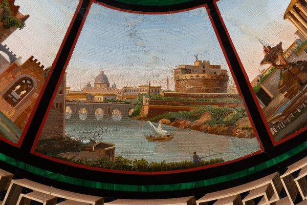 Scuola romana, metà del secolo XIX : Piano di tavolo circolare in micromosaico con vedute di Roma  - Asta Incanti d'Arte - Associazione Nazionale - Case d'Asta italiane