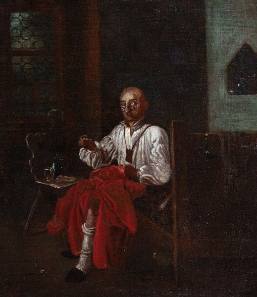 Scuola olandese, secolo XVII : Scena di interno con sarto  - Asta Incanti d'Arte - Associazione Nazionale - Case d'Asta italiane