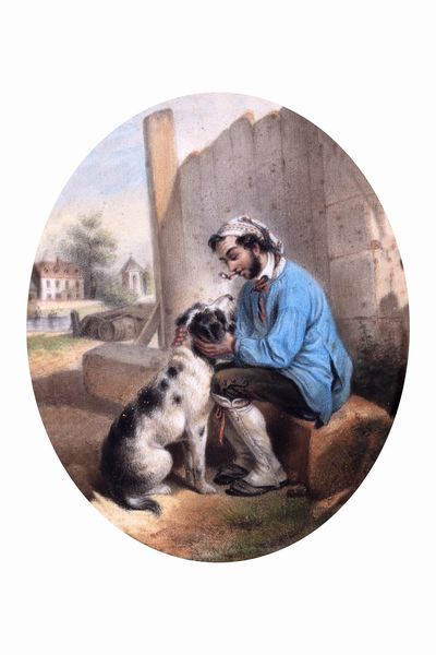 Scuola francese, secolo XIX : Giovane con cane  - Asta Incanti d'Arte - Associazione Nazionale - Case d'Asta italiane
