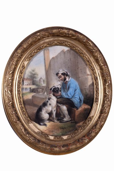 Scuola francese, secolo XIX : Giovane con cane  - Asta Incanti d'Arte - Associazione Nazionale - Case d'Asta italiane