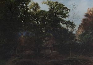 Scuola francese, secolo XIX - Paesaggio boschivo con capanne