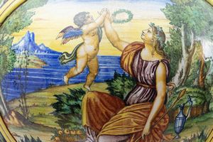 Vaso a due corpi in maiolica istoriata con scene mitologiche, fine secolo XIX  - Asta Incanti d'Arte - Associazione Nazionale - Case d'Asta italiane