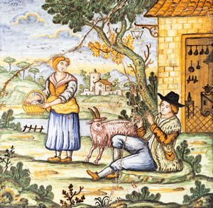 Due formelle in maiolica policroma raffiguranti scene contadine  - Asta Incanti d'Arte - Associazione Nazionale - Case d'Asta italiane