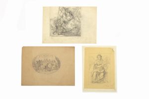 Scuola purista romana, secolo XIX - Lotto di tre disegni: Musa; Le nozze di Cana; e San Giorgio ed il drago