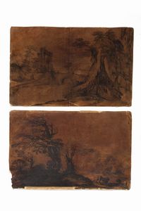 Imitatore di Guercino, secolo XVIII - Due paesaggi con astanti ed animali