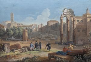 Scuola italiana del XIX secolo - Veduta del Foro Romano con astanti