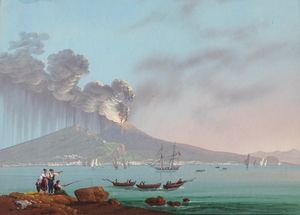 Scuola napoletana del XIX secolo : L'eruzione del Vesuvio del 1834  - Asta Incanti d'Arte - Associazione Nazionale - Case d'Asta italiane