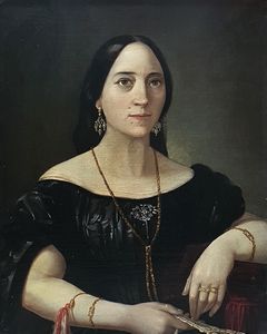 Scuola italiana, secolo XIX - Ritratto di gentildonna a mezzo busto, in abito scuro con ventaglio