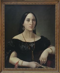 Scuola italiana, secolo XIX : Ritratto di gentildonna a mezzo busto, in abito scuro con ventaglio  - Asta Incanti d'Arte - Associazione Nazionale - Case d'Asta italiane