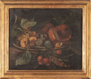 Scuola italiana, secolo XVII - Alzata con ciliegie, prugne ed altri frutti