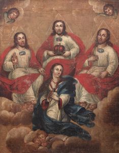 Pittore popolare, secolo XVIII - Madonna in gloria con la Trinit