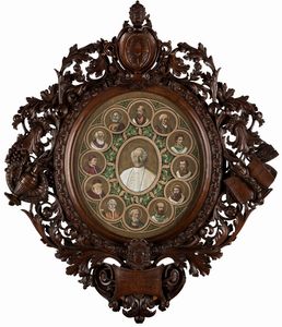 Scuola italiana, inizi secolo XX - INCISIONE ACQUERELLATA RAFFIGURANTE RITRATTO DI PAPA LEONE XIII PECCI, AL CENTRO CIRCONDATO DA RITRATTI DI ALTRI PAPI DI NOME LEONE