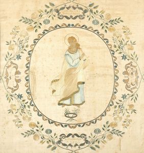 Pannello in seta riccamente ricamato raffigurante Santa Filomena, secolo XIX  - Asta Incanti d'Arte - Associazione Nazionale - Case d'Asta italiane