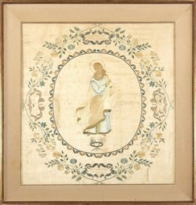 Pannello in seta riccamente ricamato raffigurante Santa Filomena, secolo XIX  - Asta Incanti d'Arte - Associazione Nazionale - Case d'Asta italiane