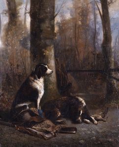 Scuola francese, secolo XIX - Cani a riposo dopo la caccia