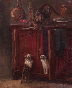 Scuola europea, fine del secolo XIX - inizi del secolo XX - Scena di interno con gatti che rubano un pesce