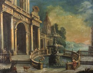Scuola napoletana, secolo XVIII - Capriccio architettonico con fontana monumentale e astanti
