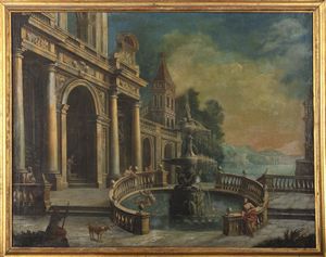 Scuola napoletana, secolo XVIII : Capriccio architettonico con fontana monumentale e astanti  - Asta Incanti d'Arte - Associazione Nazionale - Case d'Asta italiane