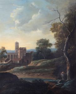 Scuola romana, secolo XVIII - Paesaggio con capriccio architettonico e corso d'acqua in primo piano