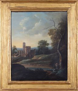 Scuola romana, secolo XVIII : Paesaggio con capriccio architettonico e corso d'acqua in primo piano  - Asta Incanti d'Arte - Associazione Nazionale - Case d'Asta italiane