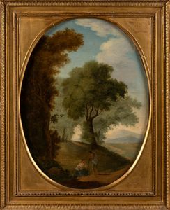 Scuola romana, fine secolo XVIII - inizi secolo XIX : Due paesaggi con viandanti  - Asta Incanti d'Arte - Associazione Nazionale - Case d'Asta italiane