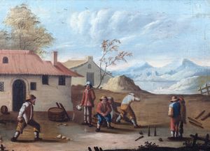 Scuola piemontese, secolo XVIII - Paesaggio con giocatori di birilli