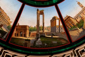 Scuola romana, metà del secolo XIX : Piano di tavolo circolare in micromosaico con vedute di Roma  - Asta Incanti d'Arte - Associazione Nazionale - Case d'Asta italiane