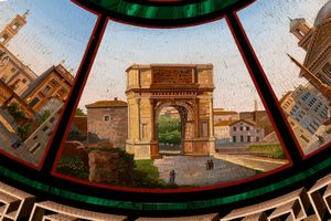 Scuola romana, metà del secolo XIX : Piano di tavolo circolare in micromosaico con vedute di Roma  - Asta Incanti d'Arte - Associazione Nazionale - Case d'Asta italiane