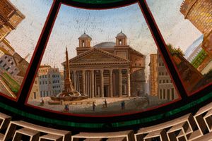 Scuola romana, metà del secolo XIX : Piano di tavolo circolare in micromosaico con vedute di Roma  - Asta Incanti d'Arte - Associazione Nazionale - Case d'Asta italiane