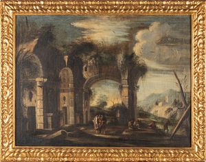 Scuola dell'Italia settentrionale, secolo XVIII - Capriccio architettonico con viandanti e corso d'acqua
