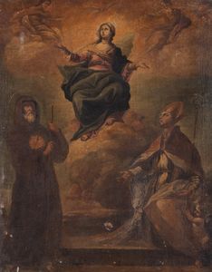 Scuola dell'Italia meridionale, secolo XVIII - Madonna in gloria con Trinità, San Francesco di Paola e San Gennaro