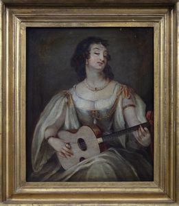 Scuola fiamminga, secolo XVIII : Giovane suonatrice di chitarra  - Asta Incanti d'Arte - Associazione Nazionale - Case d'Asta italiane