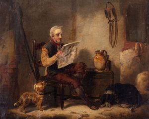 F. Flanders (attivo a Londra nel 1868 - 1872) - Scena d'interno con uomo che legge e due cani